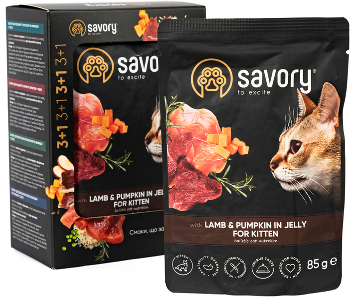Savory Суйворі набір 3+1 пауч д/кошенят Ягня та гарбуз желе