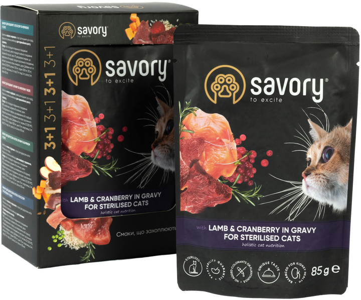 Savory Суйворі набір 3+1 пауч д/кота Ягня з журавлиною соус