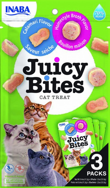 Inaba Ласощі д/кота Juicy Bites Курка соковитий снек смак бульйон та кальмар 12г 3шт/уп 1шт