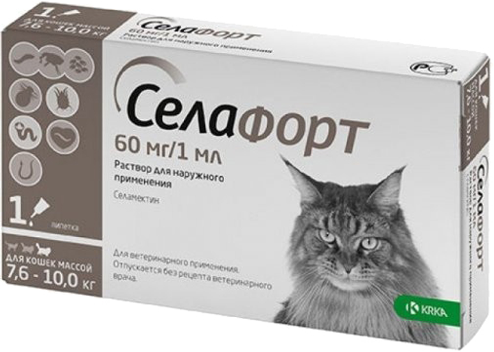 Селафорт краплі д/кота 7,6-10кг від бліх та кліщів 60мг/1мл №1
