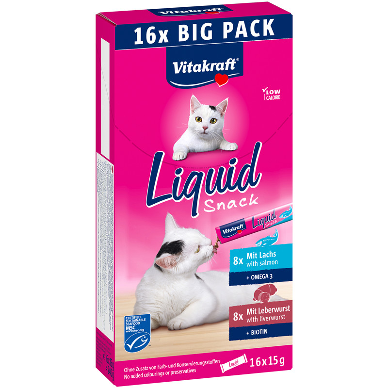 Крем-снек Liquid Snack Multipack 16*15гр. З лососем/ліверною ковбасою (2 смаки) для котів